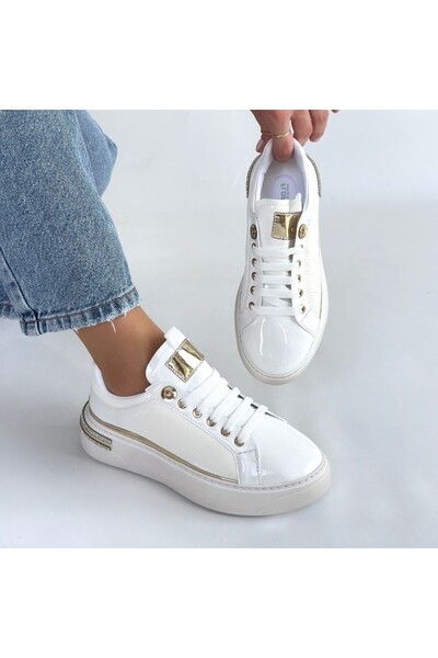 Zerenyus Hley Premium White Patent Leather Parachute Detailed Lace-Up Sneakers