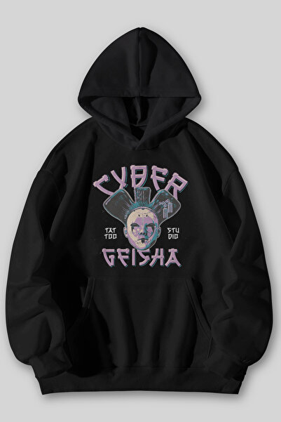 Harmandar Cyber Geisha Printed Unisex Black Gray Kangaroo Pocket Hooded Sweat...