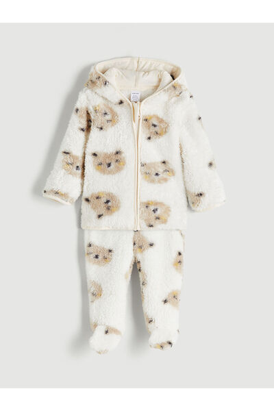 LC Waikiki Ecru Hooded Plush Baby Boy Cardigan and Pants