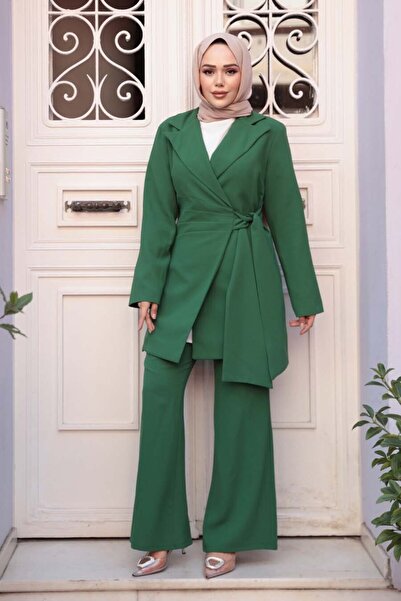 N.S NEVA STYLE Πράσινο Μαντίλι με Μπουφάν Διπλό Σετ 76731Y