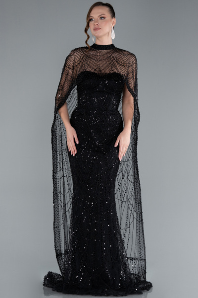 Abiyefon Siyah Straplez Boncuk İşlemeli Şal Detaylı Uzun Abiye ABU4517