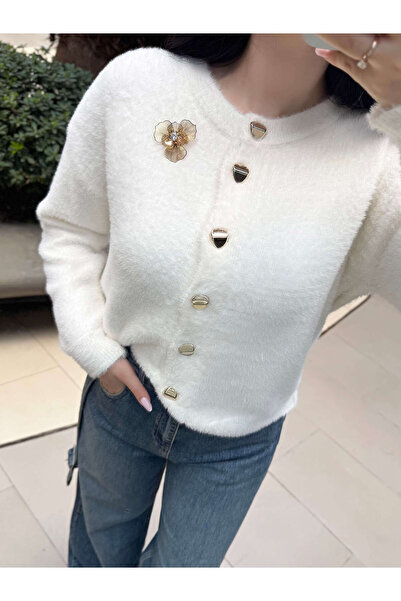 missswans Flora Gold Angora Cardigan with Flower and Button Accessories, Cream