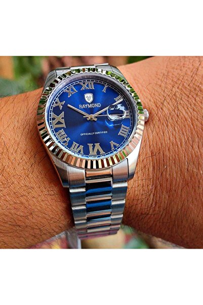 Raymond ساعة يد رجالية من الفولاذ باللون الأزرق الداكن