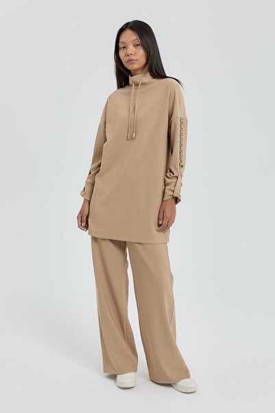 Nihan Kolları Taşlı Örme Pantolon Tunik Takım Camel