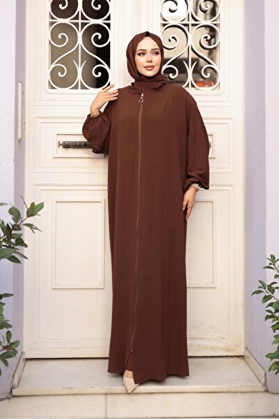 N.S NEVA STYLE Zippered Brown Hijab Prayer Dress 73271Kh
