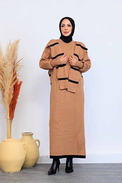 Eliva Women's Tan Black Striped Scarf Detailed Winter Knitwear Hijab Dress