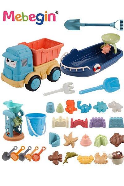 MEBEGIN 32 قطعة من ألعاب الشاطئ مع دلو رمل وشاحنة قلابة على شكل ساعة رملية ومجارف وملحقات أخرى، دلو رمل