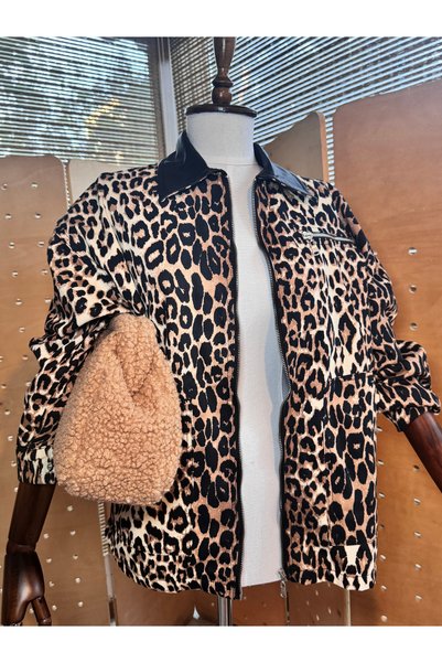 Matcha Butik Women's Leopard Print Collar Leather Detailed Jacket