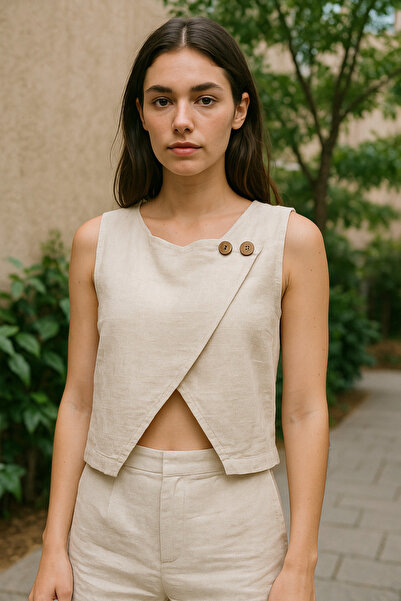 Çeşme Home Women's Linen Double Breasted Buttoned Short Blouse Vest