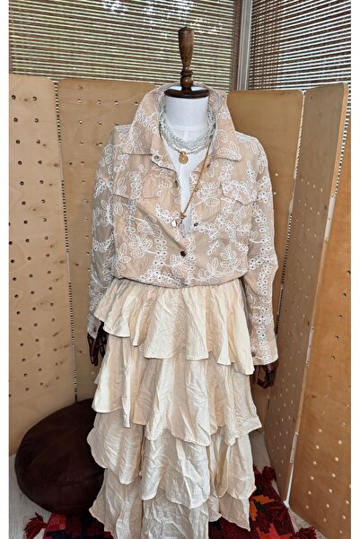 Matcha Butik Kadın Bej Keten Brodeli Nakışlı Bohem İnce Ceket, Zarif Etnik Gö...