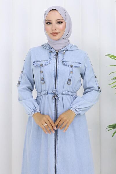 Modamihram Hooded Waist-Tied Denim Set Ice Blue 19235