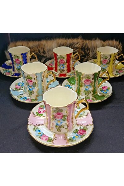 Handmade ESTERHOMEDECOR 6 Kişilik porselen el boyama kahve fincan takımı