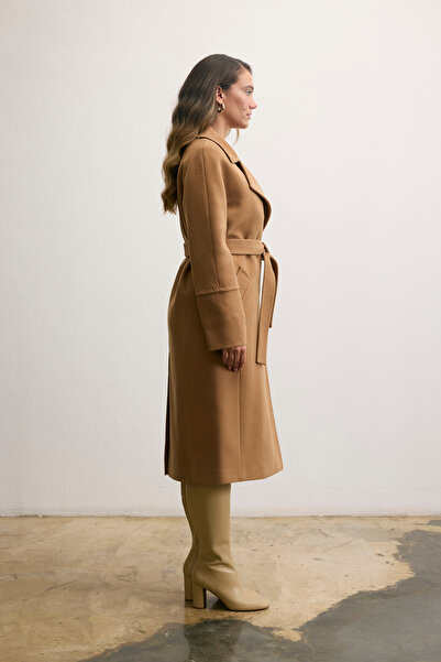 KENT Belted Long Cashmere Dark Camel Coat