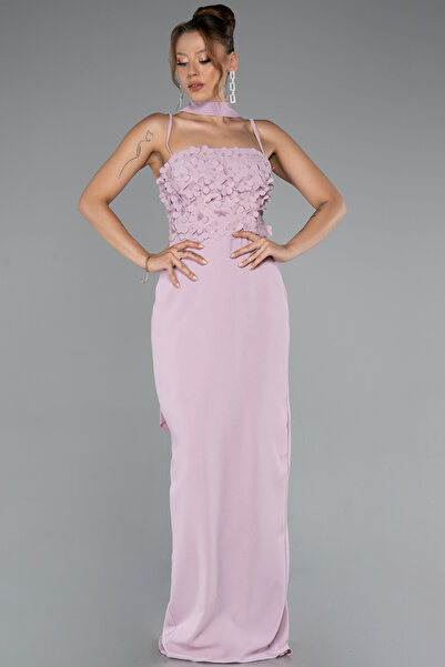 Abiyefon Pudra Askılı Üç Boyut Çiçekli Şallı Uzun Abiye Elbise ABU5181