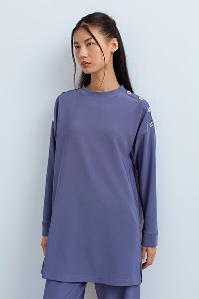 Nihan Omuzları Çıt Çıt Detaylı Pantolon Tunik Takım İndigo