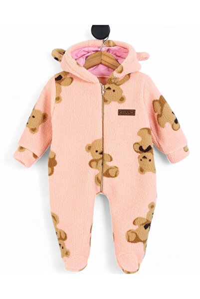 voyyo kids baby 6-9 Months Old Teddy Bears Printed Zippered Winter Welsoft Plush Hooded Jumpsuit, Closed Feet
