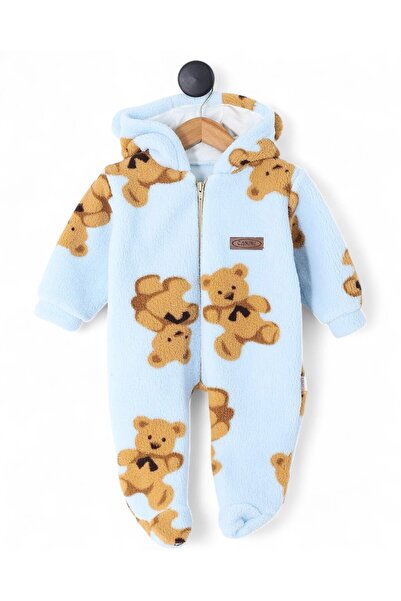 Ege Bebek 6-9 Months Old Teddy Bears Printed Zippered Winter Welsoft Plush Hooded Jumpsuit, Closed Feet