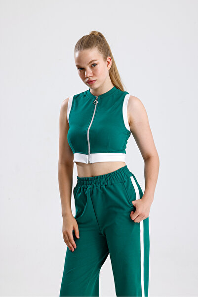 Green Hill Two-Piece Fabric Stripe Detailed Zippered Sleeveless Bottom Top Set