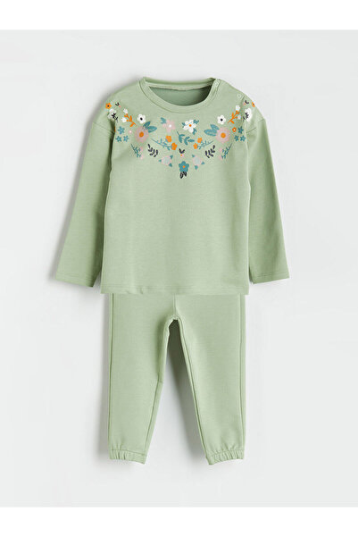 LC Waikiki Green Floral Baby Girl T-Shirt and Pants 2-Piece Set