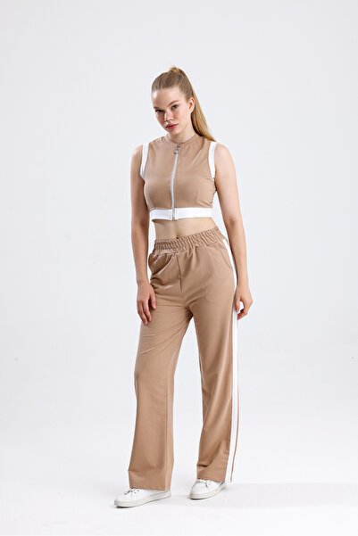 Green Hill Two-Piece Fabric Stripe Detailed Zippered Sleeveless Bottom Top Set