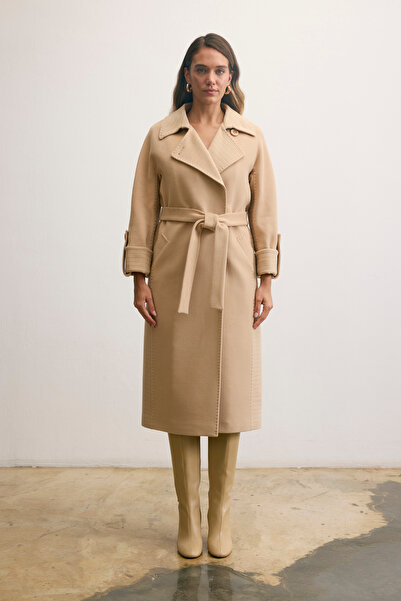 KENT Geniş Yakalı Kuşaklı Uzun Açık Camel Kaban