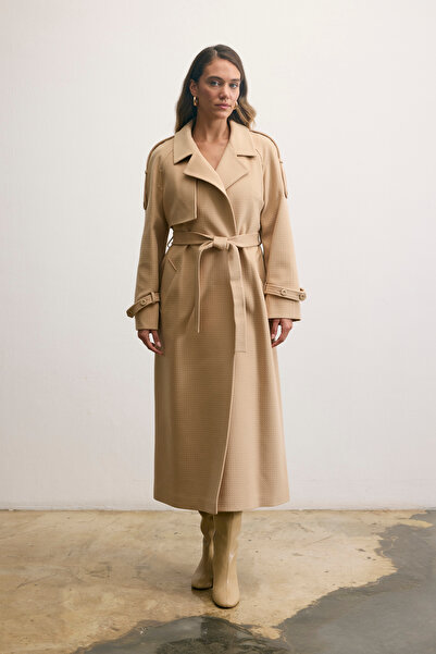 KENT Long Open Camel Coat with Belt