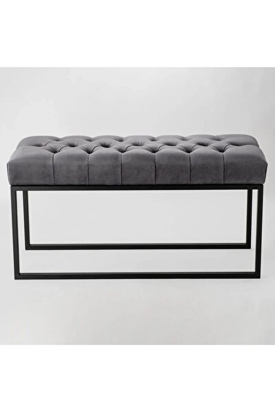asaella mobilya Lisa Modern Kapitoneli Gri Babyface Siyah Metal Ayaklı Puf Bench Yatak Ucu Chester Oturma Bankı