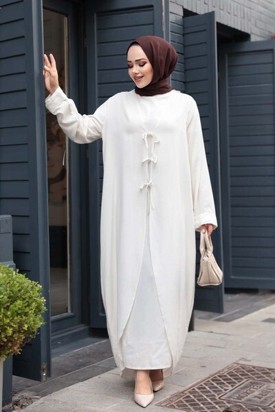 N.S NEVA STYLE Dress Ecru Hijab Double Set 76091E