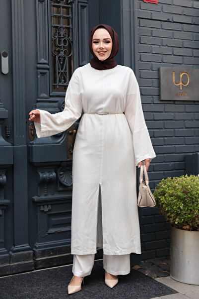 N.S NEVA STYLE Slit Detailed White Hijab Double Suit 7669B