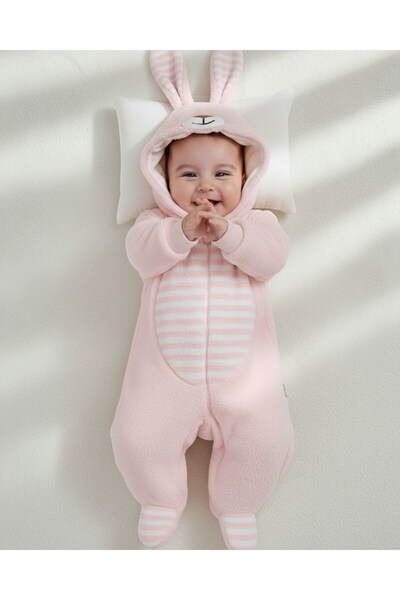 Ege Bebek 6-9 Months Hooded Rabbit-Themed Zippered Welsoft Winter Thick Jumpsuit with Ear Detail