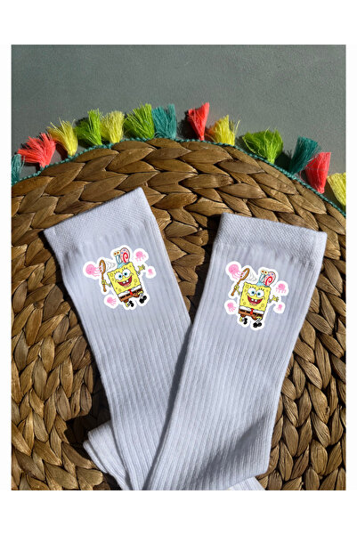 Tubinyoo White Spongebob Printed Knee-High School Socks
