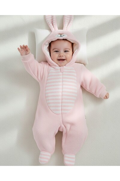VOY KİDS 6-9 Months Hooded Rabbit-Themed Zippered Welsoft Winter Thick Jumpsuit with Ear Detail