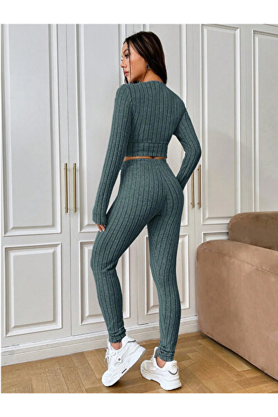 SWEETKORSE Lena Women's V-Neck Ribbed Cropped Camisole Blouse Lycra Long Sleeve Top High Waist Leggings Set