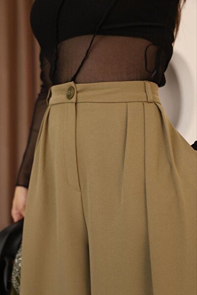 polle Kadın Haki Pileli Yüksek Bel Palazzo Pantolon