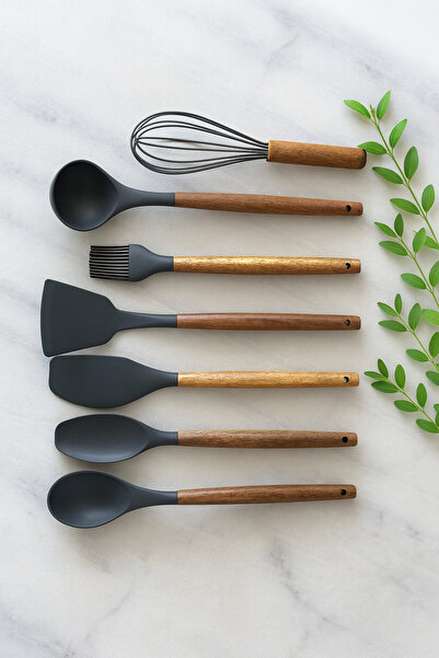 BKM HOME STORE Akasya Saplı Silikon Mutfak Gereçleri Servis Seti