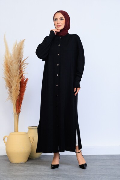 Eliva Women's Black Plain Button Closure Winter Dress Hijab Cardigan