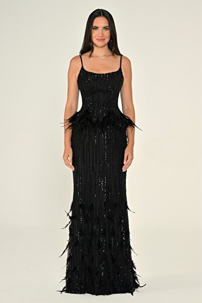 ALFABETA KADIN ABİYE İP ASKILI ÇIKARILABİLİR ÜST TÜY AKSESUARLI PAYET UZUN ŞIK ELBİSE