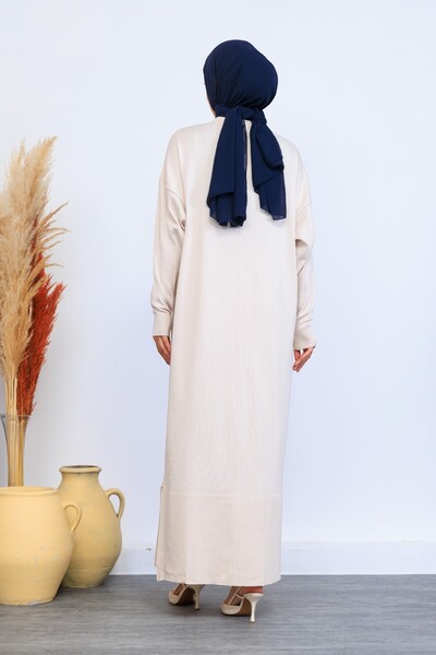 Eliva Γυναικεία κρεμ εκρού χειμερινό φόρεμα με κλείσιμο με κουμπιά, Τσάντα Χαρτοσκευής