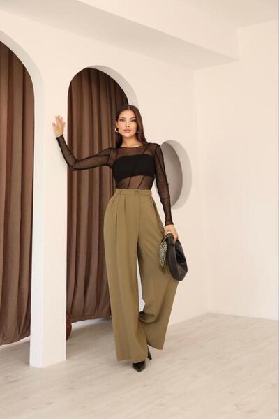 polle Kadın Haki Pileli Yüksek Bel Palazzo Pantolon