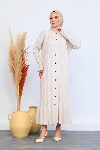 Eliva Women's Cream Ecru Long Patterned Front Button Closure Winter Knitwear Knitted Hijab Dress