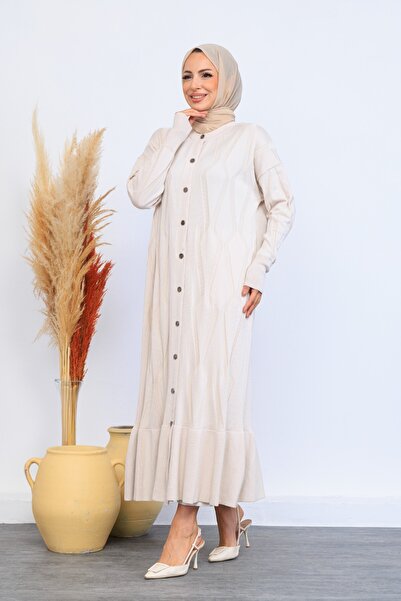 Eliva Women's Cream Ecru Long Patterned Front Button Closure Winter Knitwear Knitted Hijab Dress