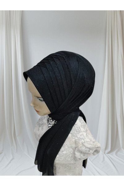 Nuray hazır duvak Black Glitter Dimple Style Single-Piece Ready-Made Shawl Ready-Made Turban Ready-Made Veil