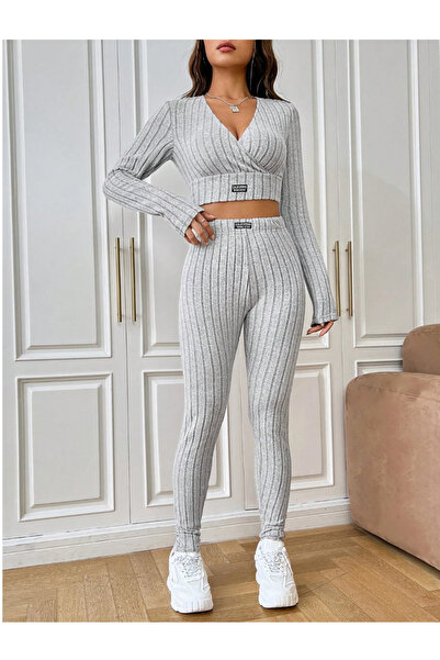 SWEETKORSE Lena Women's V-Neck Ribbed Cropped Camisole Blouse Lycra Long Sleeve Top High Waist Leggings Set