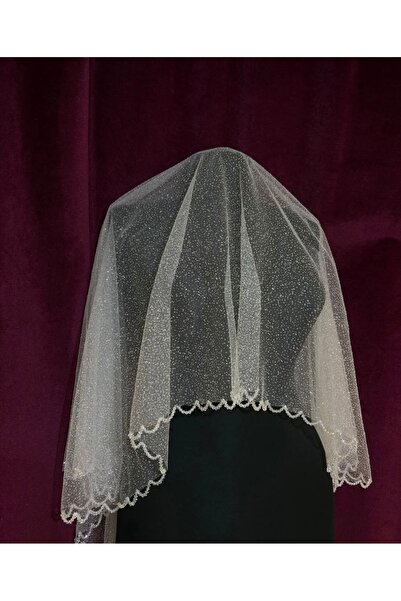 Tasarım Kristal İşlemeli Simli Kırık Beyaz Gelin Düğün Nikah İçin Tül Duvak (...