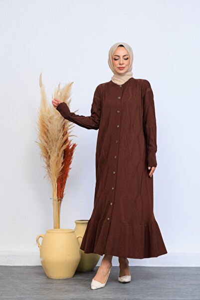 Eliva Women's Brown Long Patterned Front Button Closure Winter Knitwear Knitted Hijab Dress