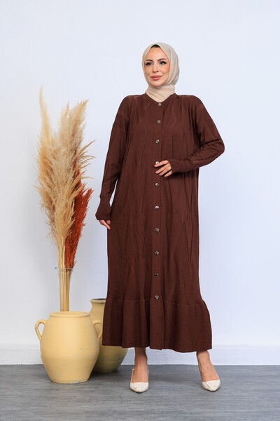 Eliva Women's Brown Long Patterned Front Button Closure Winter Knitwear Knitted Hijab Dress