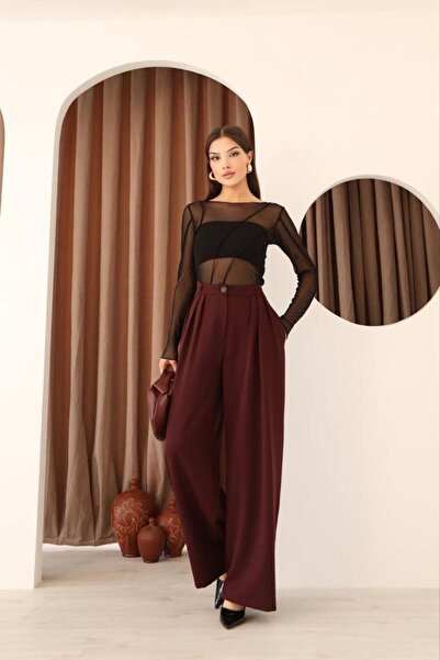polle Kadın Bordo Pileli Yüksek Bel Palazzo Pantolon