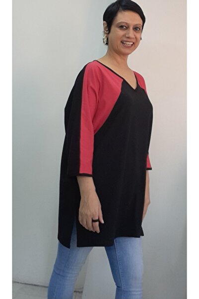 Mertcan Butik Black V-Neck Red Color-Blocked Bat Three-Quarter Sleeve Combed Viscose T-Shirt