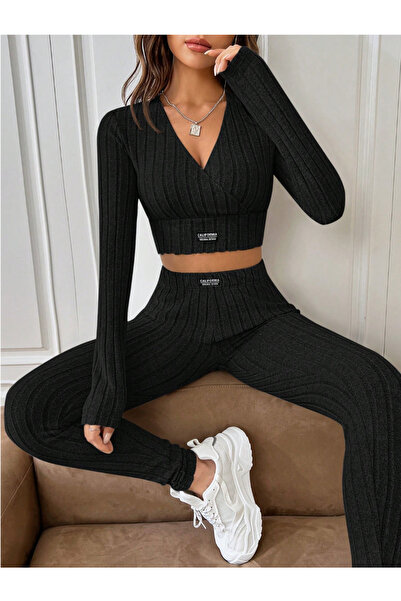 SWEETKORSE Lena Women's V-Neck Ribbed Cropped Camisole Blouse Lycra Long Sleeve Top High Waist Leggings Set