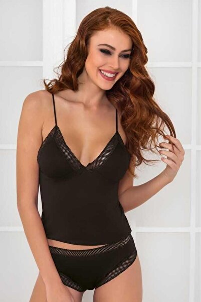 NazikEndam Camisole Combed Cotton Strap Undershirt Panty Set 305 Black